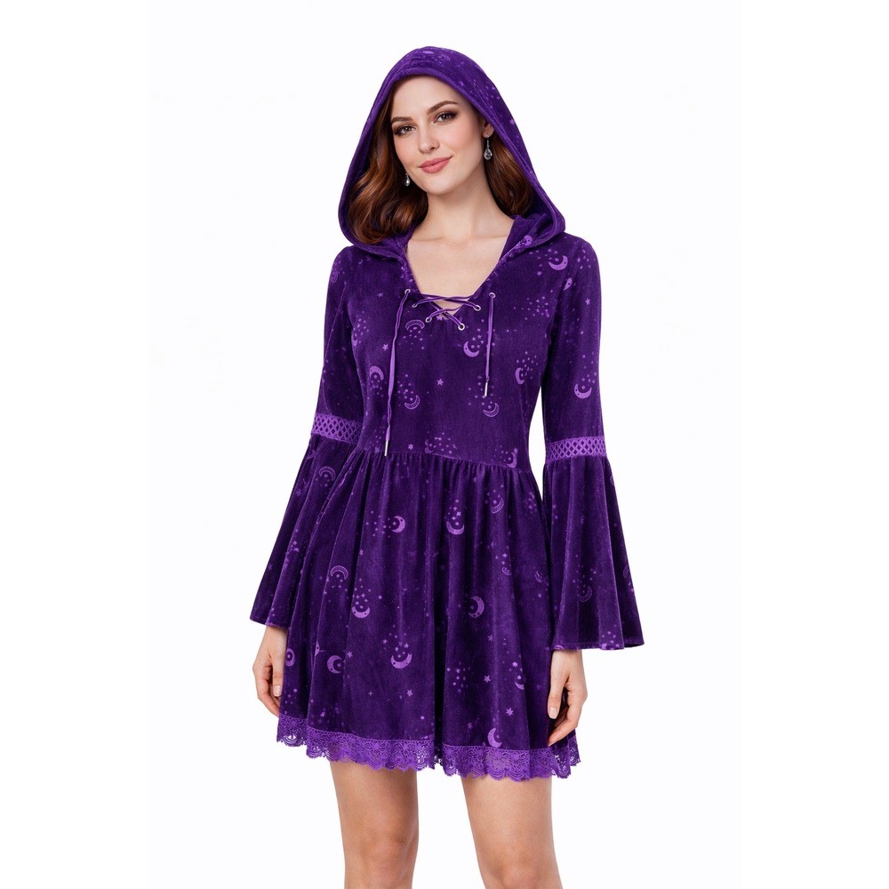 Spirit Halloween Purple Velvet Moon Star Bell Sleeve‎ Hooded Dress L